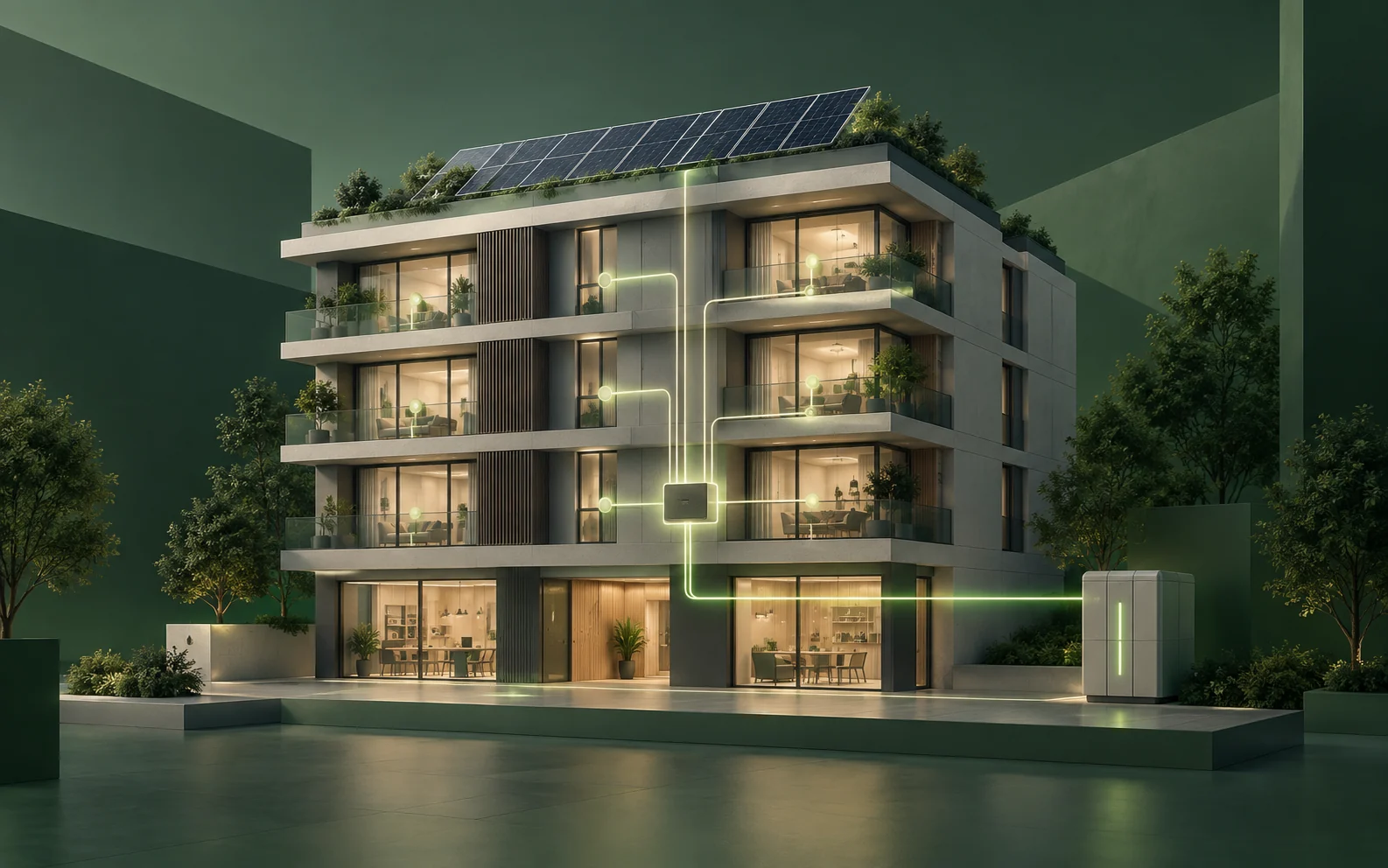 Illustrazione di un edificio con fotovoltaico e flussi di energia condivisa