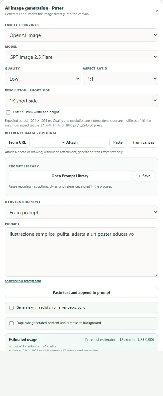 AI generation panel with prompt, model and options