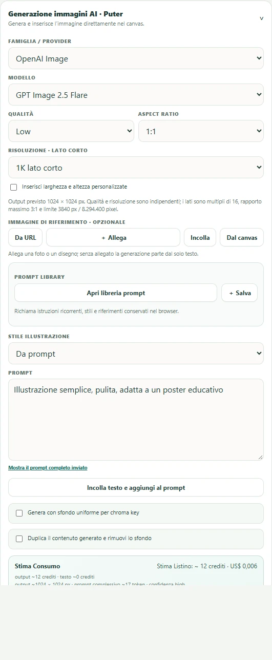 Pannello di generazione AI con prompt, modello e opzioni