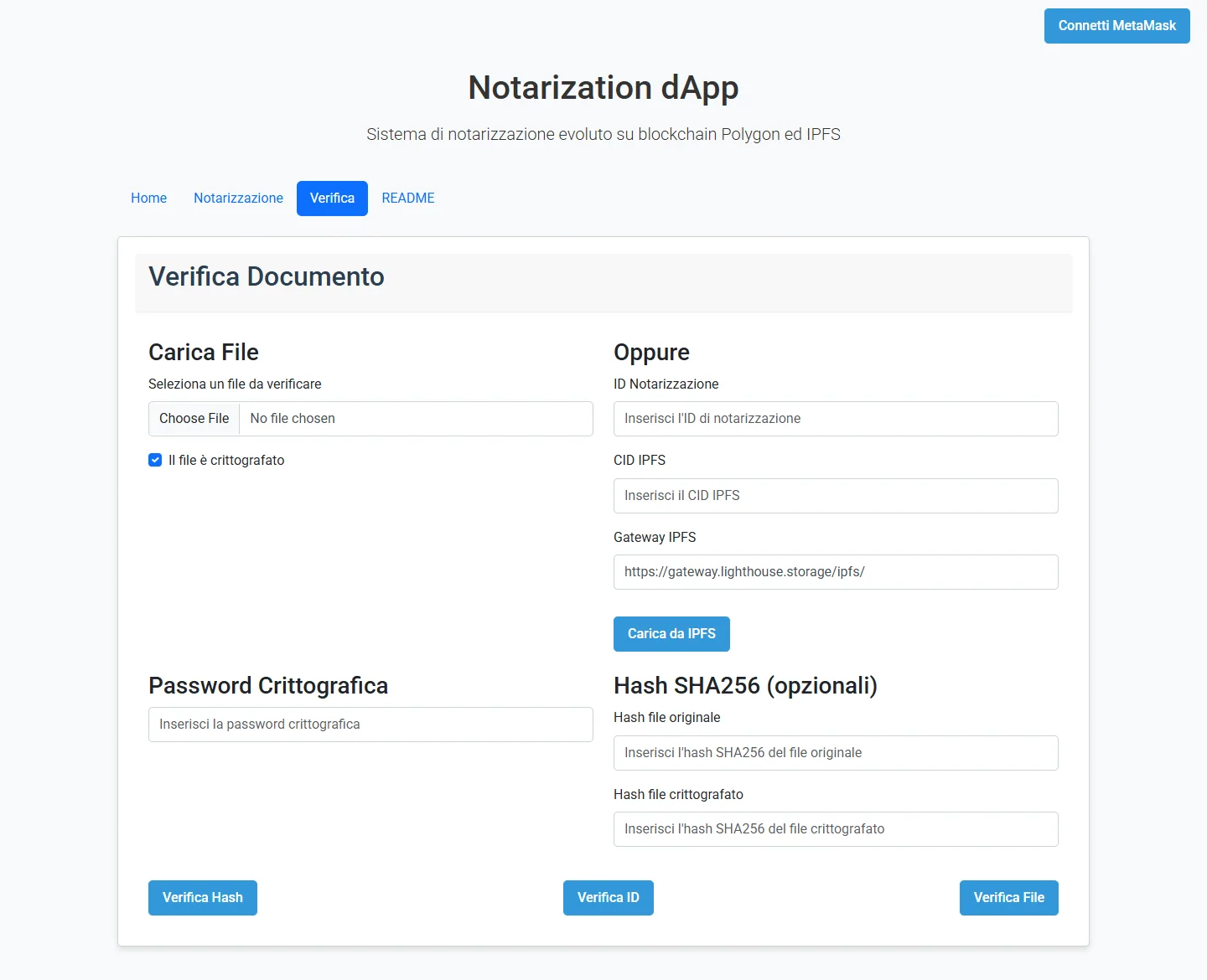 Interfaccia del PoC per la verifica di un documento notarizzato